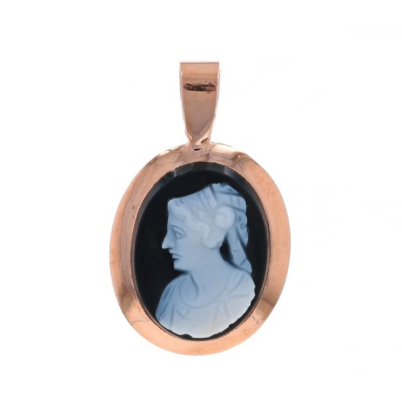 Винтажный кулон из розового золота с твердым камнем/полосатым агатом - силуэт резной камеи 10 карат - Изображение 1 из 4