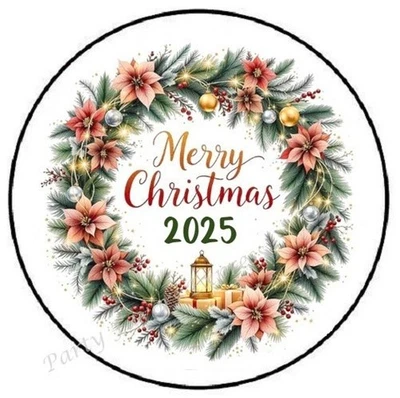 PARTY FAVORS EXPRESS MERRY CHRISTMAS 2025 WREATH POINSETTIA ENVELOPE SEALS LABELS STICKERS FAVORS