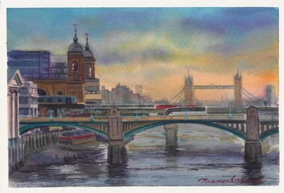 Pintura original 20 x 29,5 cm 170KzS obra de arte acuarela London&Tower Bridges Foto 1 de 3