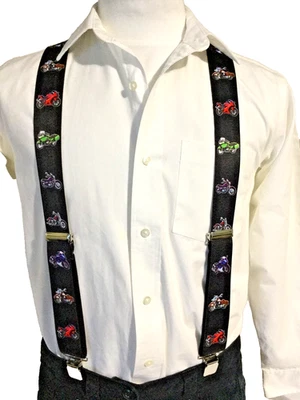 Men's, Motorcycles on Black, 1.5", XL, Adj. Suspenders / Braces, Made in USA - Image 1 of 4