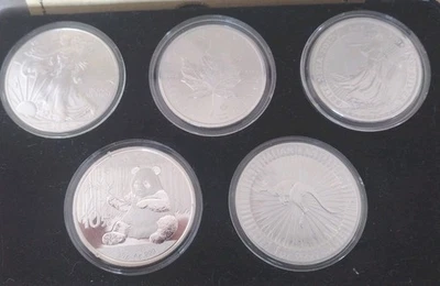 Juego de 5 monedas lingotes de plata National Treasures Collection 2017 1 oz con caja de exhibición Foto 1 de 2