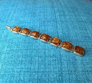 Beautiful Doublet Sterling Silver 925 Amber & Onyx Square Stones Long Pendant - Picture 1 of 9