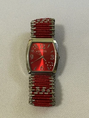 Vintage Geneva Safety Pin Watch Colorful Beads- New Battery - Image 1 of 4