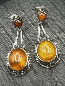 Sterling Silver Natural Baltic Amber 1.7" Dangle Drop Pierced Earrings - Picture 1 of 7