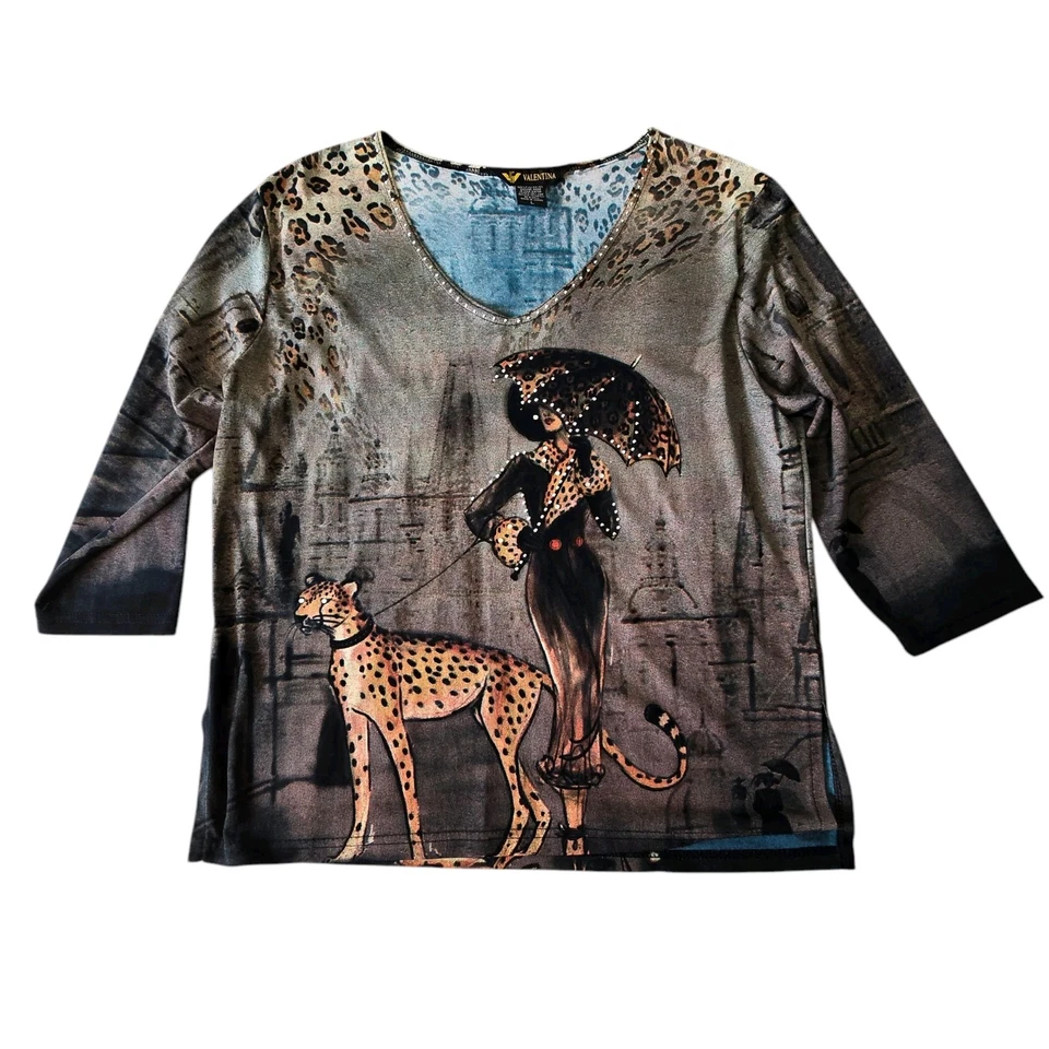 Camisa para mujer Valentina gráfica dama en París pedrería leopardo talla grande Foto 1 de 4