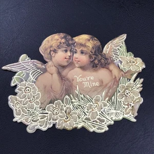 Antike viktorianische Valentinstag gestanzte verzierte Cherubs Youre Mine Vergissmeinnicht - Bild 1 von 8