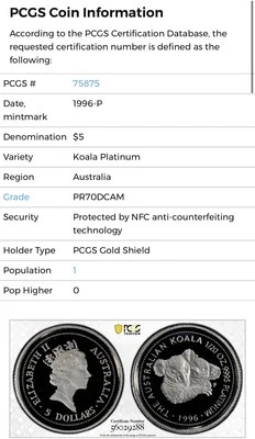 1996 $5 Australia 1/20 Oz Platinum Proof Koala Coin • PR70 POP 1 • 850 Minted - Image 1 of 3