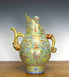 Rare Chinese Qing Qianlong MK Turquoise Tibetan Monk Cap Porcelain Ewer Teapot - Picture 1 of 11