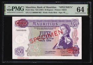 Mauritius 1967 - 50 Rupees P#33as **Specimen 000000** 002 PMG Choice UNC 64 - Picture 1 of 2