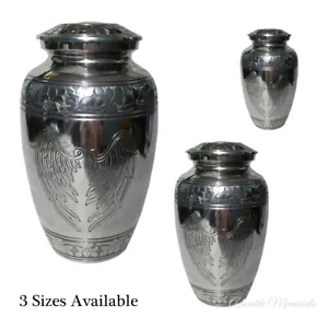 Silver Metal Angel Wings Feather Urn, Human Pet Ashes Shiny Cremation Keepsake - Picture 1 of 4