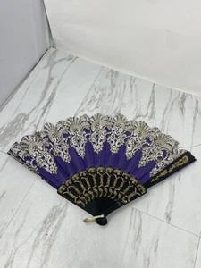 Purple And Black Oriental Folding Fan Gold Glitter Design Beautiful - Picture 1 of 12