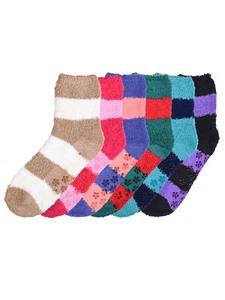 WOMENS TWO-TONE STRIPED 6 PACK FUZZY CREW SOCKS - Picture 1 of 4