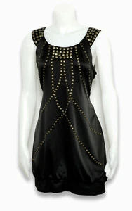 Black Mini Dress w Brass Studs Sleeveless Satin Bubble Style Esley Fits M 8-10 - Picture 1 of 11
