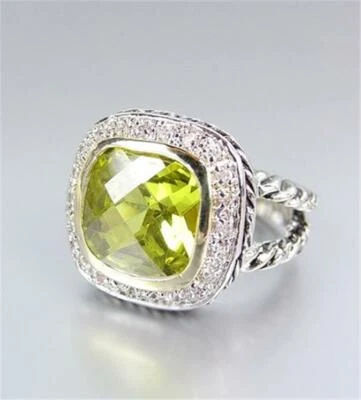 EXQUISITE 18kt Gold Plated Peridot Green Crystal Square Antique Cable Bands Ring - Image 1 of 4