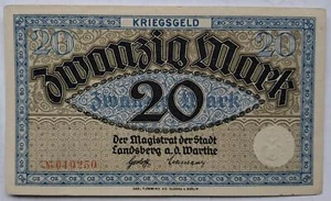 Dt. Reich Notgeldschein 20 Mark Landsberg a.d.Warthe, o. Datum, f. kassenfrisch - Bild 1 von 2