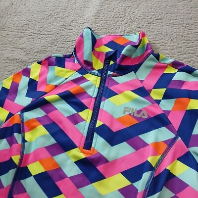 Chaqueta Fila Mujer Pequeña Rosa Azul Gemótrica 1/4 Cremallera Pullover Bolsillos Gimnasio Correr Foto 1 de 4