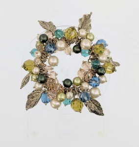 Vintage Y2K Armband Perlenimitat klobig grüne Blätter goldfarben Fee - Bild 1 von 9