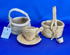3 Miniature Woven Jute Baskets Tea Cup and Saucer, Round Baskets Collectibles - Picture 1 of 12