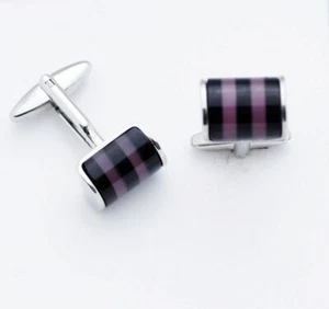 C0404 CUFF LINKS CUFFLINKS BLACK ONYX LILAC CAT'S EYE STONE STRIPS SEMI CYLINDER - Picture 1 of 1