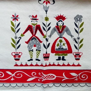 Scandinavian Courting Couple Cotton Tea Towel Red White Folk Art - Picture 1 of 6