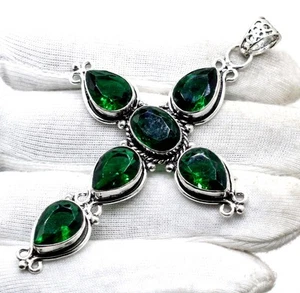 925 Sterling Silver Chrome Diopside Gemstone Jewelry Cross Pendant Size-3" - Picture 1 of 2