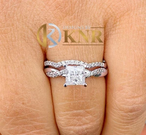 Princess And Round Cut Moissanite Engagement Ring And Band 14K White Gold 1.55ct - Picture 1 of 9