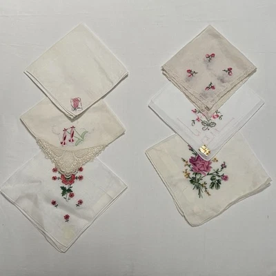 Vtg Lot Of 6 Embroidered Hankies Handkerchief Floral Pink Roses Crafts Cutter #8 - Image 1 of 4