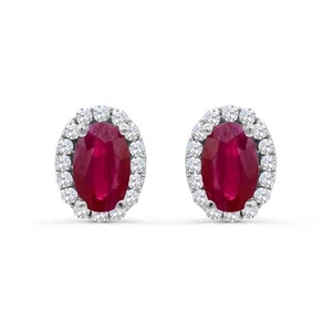 14K White Gold Genuine Ruby and Diamond 0.096cts Stud Earrings for Mom - Picture 1 of 2