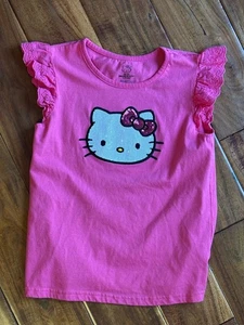 Hello Kitty Girls Sequined Logo Ruffle Eyelet Sleeve T-Shirt Youth Size 8/10 - Picture 1 of 6