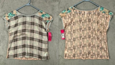 Xhilaration Womens small Tops Pink Plaid Lace Back Shirt NWT Sheet Short Sleeve - Image 1 of 4