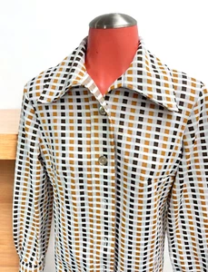 VTG Checked Textured Knit Leisure shirt Disco collar hipster mod Ladies L - Picture 1 of 6