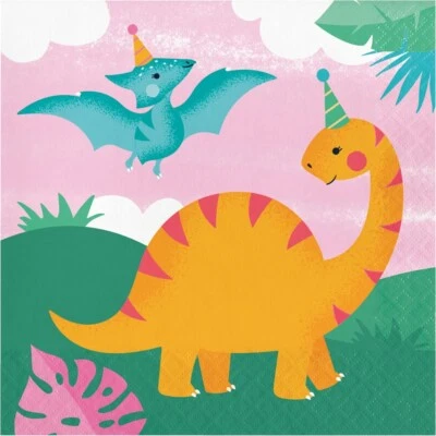 Girl Dinosaur Party Napkins 16pk 2ply 33cm -  Girl Dinosaur Party Supplies - Image 1 of 2