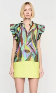 MARIE OLIVIER NWT Maison Top Tropadelic Multicolor Flutter Sleeve Top Size L - Picture 1 of 10