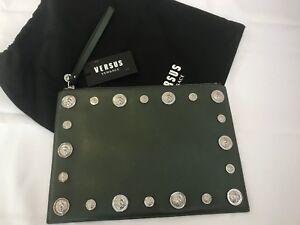 VERSUS VERSACE OLIVE ALL OVER SILVER LOGO EMBELLISHMENTS CLUTCH LEATHER XL BAG