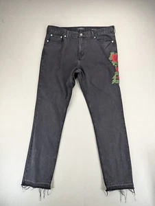 Pacsun Skinny Jeans Mens 36x32 Black Rose/Floral Embroidered Raw Hem Y2K ~Faded~ - Picture 1 of 15