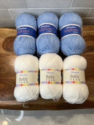 Herrschners Yarn Lot of 6 Skeins White & Blue Afghan Baby #2 Fine 2oz Each - Image 1 of 4