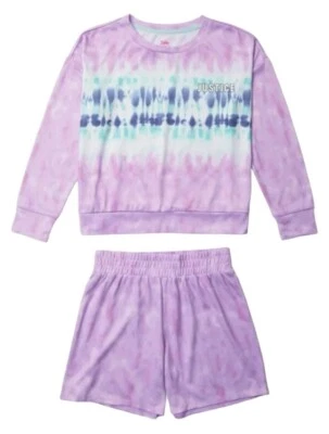 Justice Girls Pajamas Purple 10 Long Sleeve Top Shorts Tie Dye Logo 2 Piece Set - Image 1 of 4