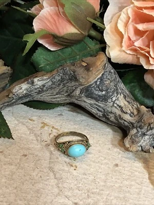 17. 中国古董出口黄色纯银绿松石景泰蓝珐琅戒指 Adj — 第 1/4 张图片