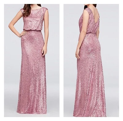 Mujer Fiesta Vestido Largo DAVIDS BRIDAL Talla M Rosa Lentejuelas Blusa Mangas Cap Foto 1 de 4