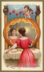 Lucky Halloween Postcard, Repro - Girl, Pumpkin, Owl, Black Cat, Cupid - Picture 1 of 3