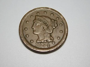 OLD US COINS 1854 BRAIDED HAIR LARGE CENT PENNY - Picture 1 of 6