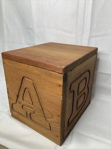 Vintage Solid Wood Square Toy Box A B C Alphabet Rocking Horse Hinged Small - Picture 1 of 10