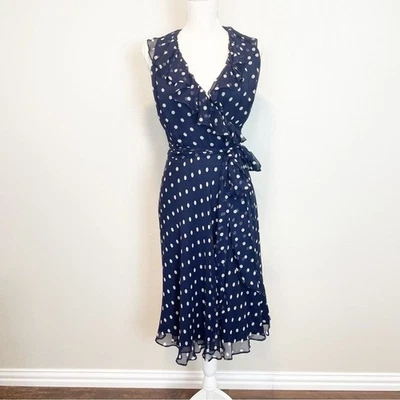 Vestido Ralph Lauren Azul Marino Lunares Verdadero Envolvente Seda Midi Talla 6 Foto 1 de 4