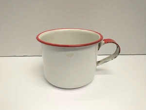 Metall Emaille weiß roter Rand Kaffee Tee Tasse Camping Antik - Bild 1 von 8