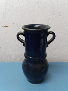 Unmarked Pottery Vase Dark Blue With Handles (LL) - Picture 1 of 5