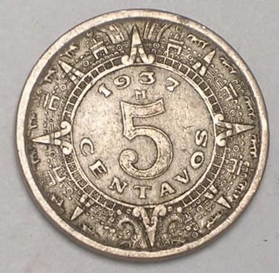 1937 Mexico Mexican 5 Centavos Eagle Snake Coin VF+  - Image 1 of 2