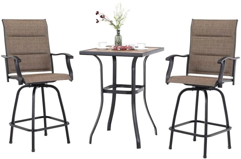 PHI VILLA Swivel Bar Stools Set 3 Kitchen Padded Bar Height Bistro Set Patio Furniture Set