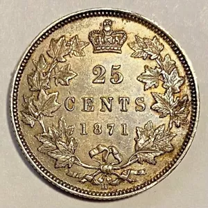 1871 H Canada 25 Cents Quarter Dollar Silver Coin - Queen Victoria - Obverse # 2 - Foto 1 di 5