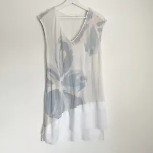 Anthropologie Deletta Gaelle Tunic Top Floral Asymmetric Sleeveless Cream Blue M - Picture 1 of 9