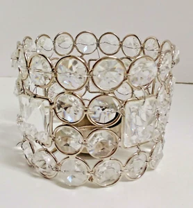 Silver Metal W/Crystal Beads Round Tea Light Candle Holder 3" Tall 4" Diameter - Picture 1 of 13